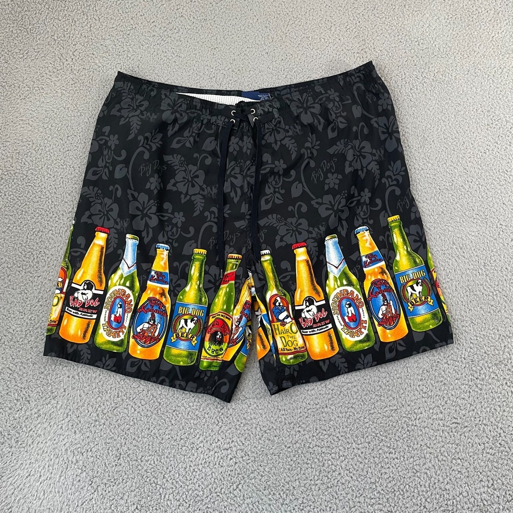 Big Dogs Beer Bottle Swim Trunks Men XL Black Novelty Beach Surf Lined